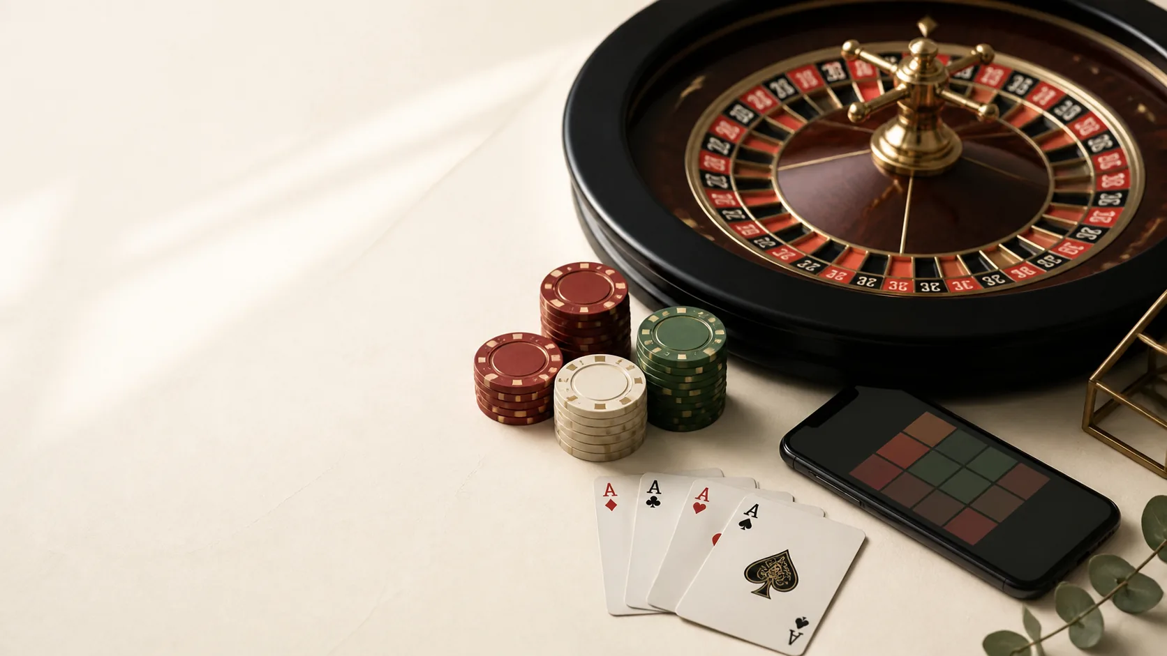 Komposisi editorial roda roulette, kartu, chip, dan ponsel untuk konteks VIP333