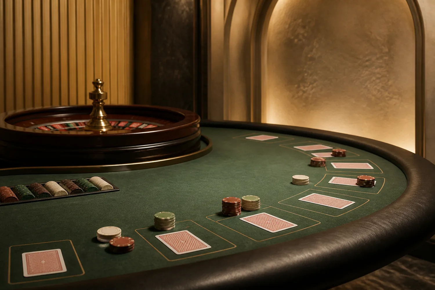 Meja permainan kasino kosong dengan roulette dan kartu untuk analisis pengalaman